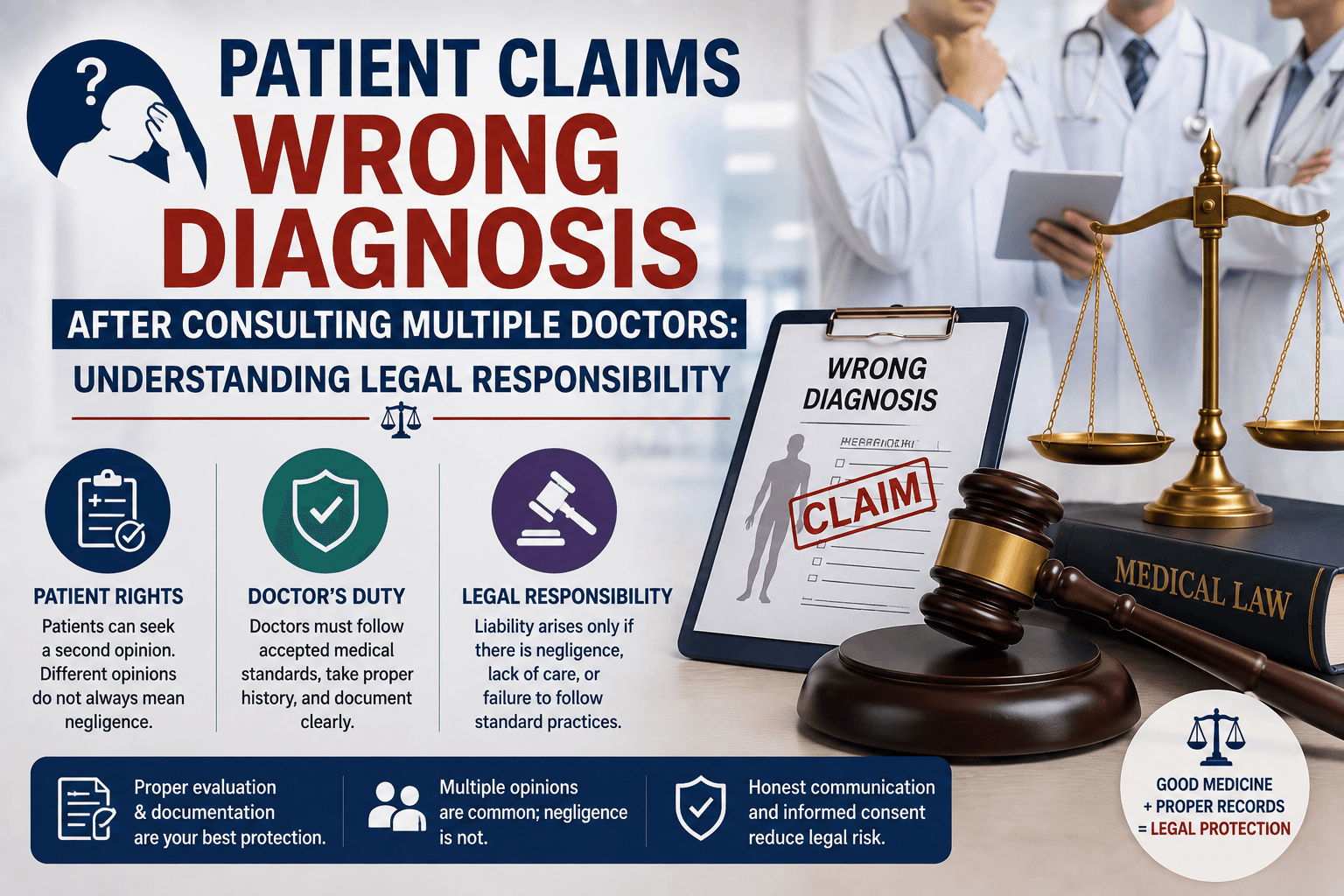 Patient claims wrong diagnosis after consulting multiple doctors and seeks legal responsibility.